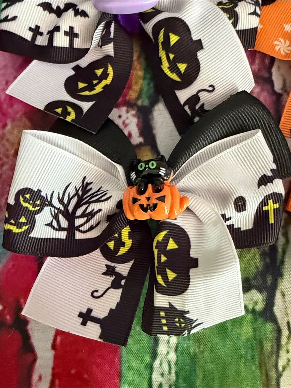Halloween Kids Ribbon Hair Bows - Orange, Purple, Black, White